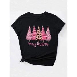 Christmas Tree Print Casual T-Shirt, Round Neck Short Sleeves Mid-Stretch Sports Tee, Women's Activewear