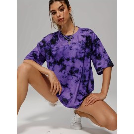 Tie Dye Loose Sports T-shirt - Women's Fashion Crew Neck Short Sleeve Top