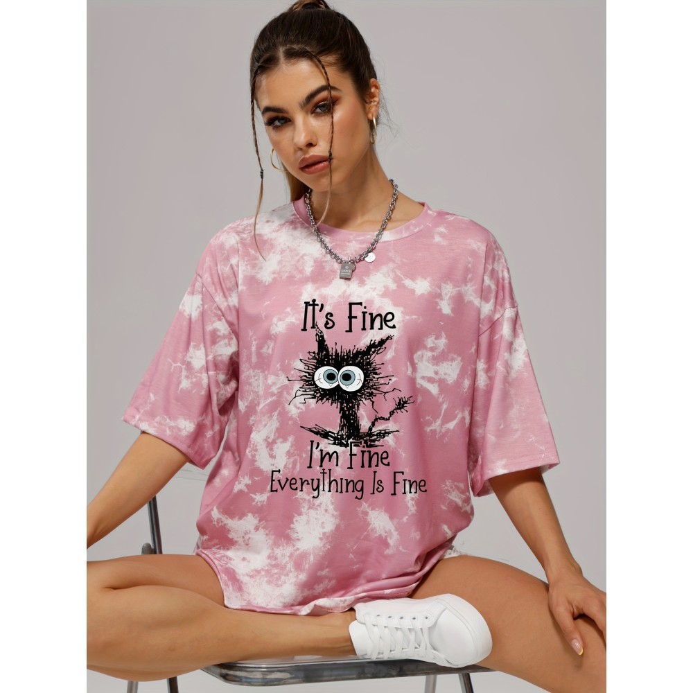 Tie Dye Funny Cat Pattern Casual Sports T-shirts, Round Neck Short Sleeves, Women's Clothing