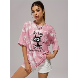 Tie Dye Funny Cat Pattern Casual Sports T-shirts, Round Neck Short Sleeves, Women's Clothing