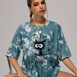 Tie Dye Funny Cat Pattern Casual Sports T-shirts, Round Neck Short Sleeves, Women's Clothing