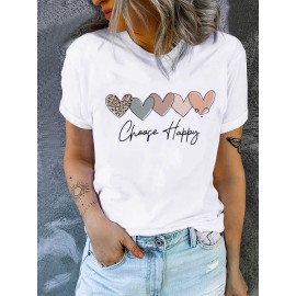 Heart & Letter Print Casual T-Shirt, Round Neck Short Sleeves Mid-Stretch Sports Tee, Women's Activewear