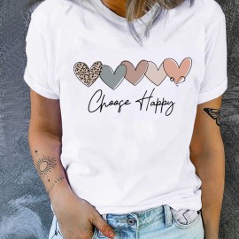 Heart & Letter Print Casual T-Shirt, Round Neck Short Sleeves Mid-Stretch Sports Tee, Women's Activewear