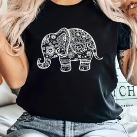 Elephant Graphic Casual Sports T-shirt, Short Sleeves Comfortable Workout Top, Women's Activewear