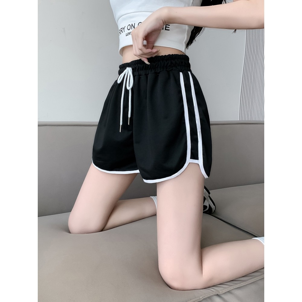 Contrast Binding Casual Sports Shorts, Drawstring Running Loose Shorts, Women's Activewear