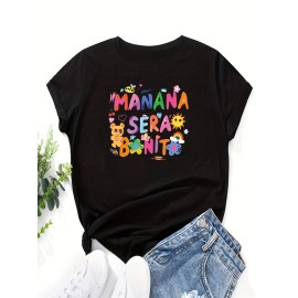 Carnaval Cartoon & Letter Casual T-Shirt, Crew Neck Short Sleeves Slight Stretch Sports Tee, Women's Activewear & Music Festival