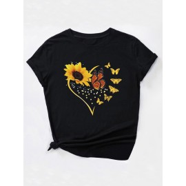 Sunflower & Butterfly Print Casual T-Shirt, Round Neck Short Sleeves Mid-Stretch Sports Tee, Women's Activewear