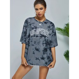 Tie Dye & Letter Graphic Tee - Casual Loose Crew Neck T-shirt for Women