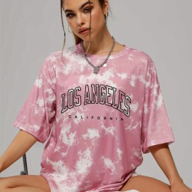 Tie Dye & Letter Graphic Tee - Casual Loose Crew Neck T-shirt for Women