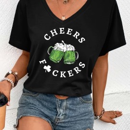 Leaf & Letter Pattern Casual T-Shirt, Round Neck Short Sleeves Stretchy Sports Tee, St. Patrick's Day Women's Clothing