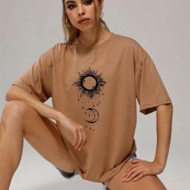 Women's Sun & Moon Print Casual Short Sleeve T-shirt - Fashionable O-neck Summer Top with Slight Stretch