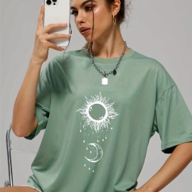 Women's Sun & Moon Print Casual Short Sleeve T-shirt - Fashionable O-neck Summer Top with Slight Stretch