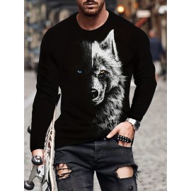 Splicing Wolf Face Men's Long Sleeve T-shirt - Stylish Graphic Tee for Spring and Fall