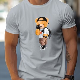 Men's Casual Street Style Stretch Round Neck Tee Shirt with Toy Bear Print for Summer