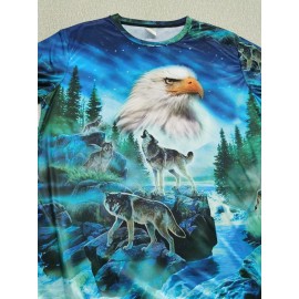 Men's Novelty Wolf & Bird 3d Print Round Neck T-Shirt, Mens Clothing