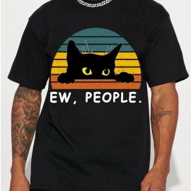 Men's Casual Trendy Black Cat Print T-shirt, Short Sleeve Crew Neck Hip Hop Style Tees For Summer Holiday Gift