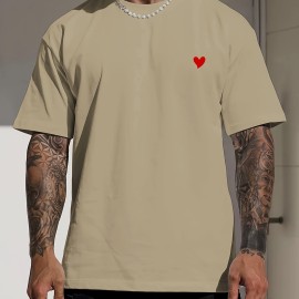 Trendy Cute Heart Print Tees For Men, Casual Crew Neck Short Sleeve T-Shirt, Comfortable Breathable T-shirt For Summer