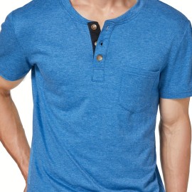 Men's Slim Fit Short Sleeve Henley Tee with Chest Pocket - Casual Button Down T-Shirt