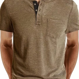 Men's Slim Fit Short Sleeve Henley Tee with Chest Pocket - Casual Button Down T-Shirt