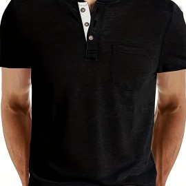 Men's Slim Fit Short Sleeve Henley Tee with Chest Pocket - Casual Button Down T-Shirt