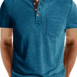 Men's Slim Fit Short Sleeve Henley Tee with Chest Pocket - Casual Button Down T-Shirt