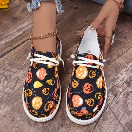 Women's Pumpkin Printed Canvas Shoes, Casual Halloween Slip On Flats, Lightweight Low Top Sneakers