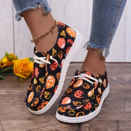 Women's Pumpkin Printed Canvas Shoes, Casual Halloween Slip On Flats, Lightweight Low Top Sneakers