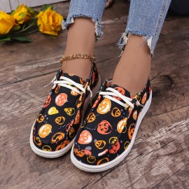 Women's Pumpkin Printed Canvas Shoes, Casual Halloween Slip On Flats, Lightweight Low Top Sneakers