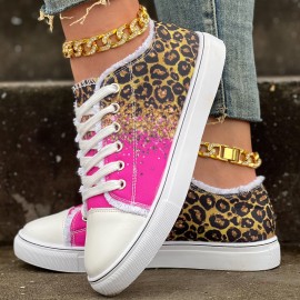 Women's Leopard Print Canvas Shoes - Casual Glitter Sequins Lace Up Sneakers