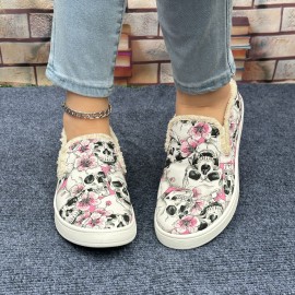 Women's Flower & Skull Print Canvas Shoes, Casual Slip On Outdoor Shoes, Lightweight Low Top Shoes