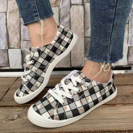 Women's Plaid Pattern Canvas Shoes, Casual Lace Up Outdoor Shoes, Lightweight Low Top Sneakers