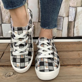 Women's Plaid Pattern Canvas Shoes, Casual Lace Up Outdoor Shoes, Lightweight Low Top Sneakers