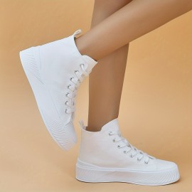 Women's Solid Color Casual Sneakers, Lace Up Platform Soft Sole Minimalist Skate Shoes, High-top Canvas Shoes