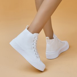 Women's Solid Color Casual Sneakers, Lace Up Platform Soft Sole Minimalist Skate Shoes, High-top Canvas Shoes