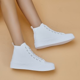 Women's Solid Color Casual Sneakers, Lace Up Platform Soft Sole Minimalist Skate Shoes, High-top Canvas Shoes