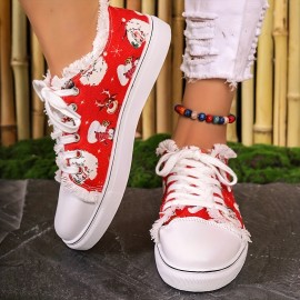 Women's Christmas Print Canvas Shoes, Casual Lace Up Outdoor Shoes, Lightweight Low Top Sneakers