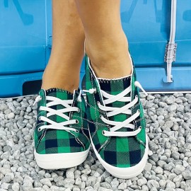 Lightweight Plaid Canvas Sneakers for Women - Casual Lace Up Outdoor Shoes with Low Top Design