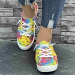 Women's Colorful Star And Flower Print Sneakers, Casual Canvas Slip On Lightweight Walking Shoes, Versatile Footwear With Campus Style