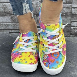 Women's Colorful Star And Flower Print Sneakers, Casual Canvas Slip On Lightweight Walking Shoes, Versatile Footwear With Campus Style