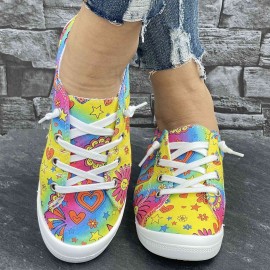 Women's Colorful Star And Flower Print Sneakers, Casual Canvas Slip On Lightweight Walking Shoes, Versatile Footwear With Campus Style