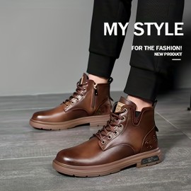 Men's Vintage Cool Lace Up Boots With Side Zipper, Wear-resistant Non-slip Boots For All Seasons