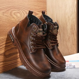 Men's Vintage Cool Lace Up Boots With Side Zipper, Wear-resistant Non-slip Boots For All Seasons