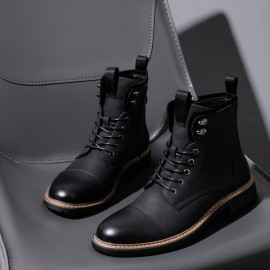 Men's Solid Cap Toe Dress Boots With PU Leather Uppers, Wear-resistant Non Slip Lace-up High Top Boots For Men's Outdoor Activities