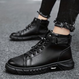 Men's No Tie Boots - Casual PU Leather Walking Shoes - Comfortable And Breathable