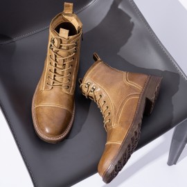 Men's Solid Cap Toe High Top Boots With Top Leather Uppers, Wear-resistant Lace-up Boots With Side Zipper Decor For Men's Outdoor Activities