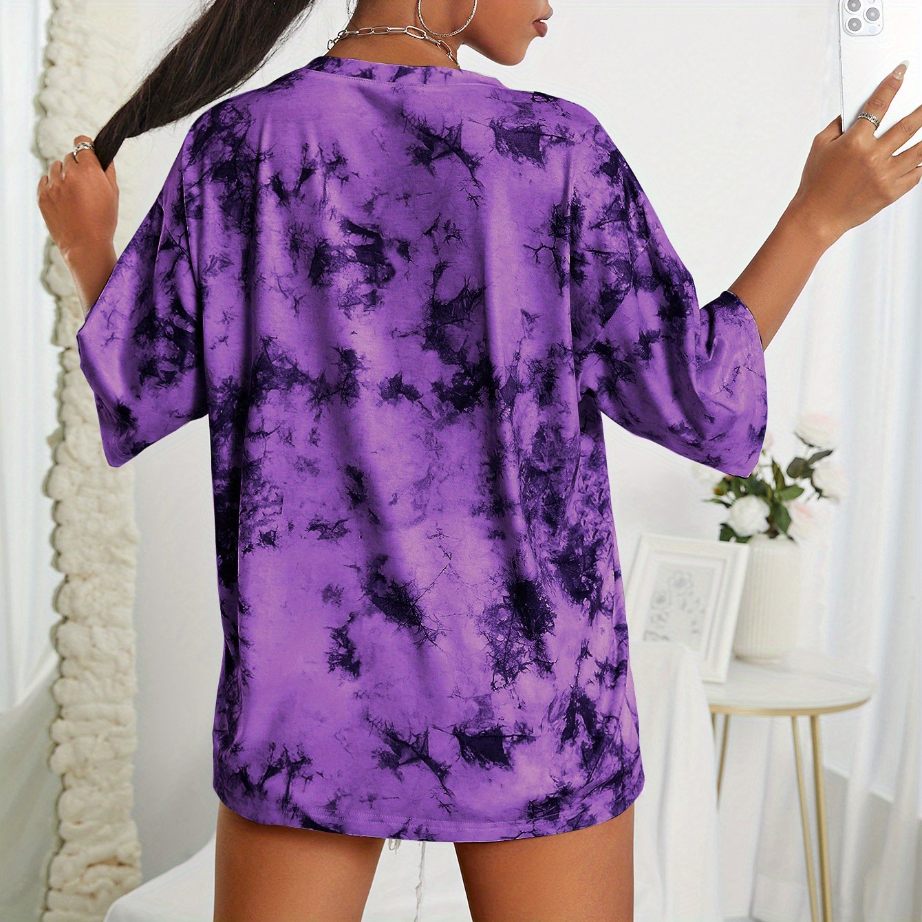 tie dye loose sports t shirts fashion crew neck short sleeve top womens clothing details 1