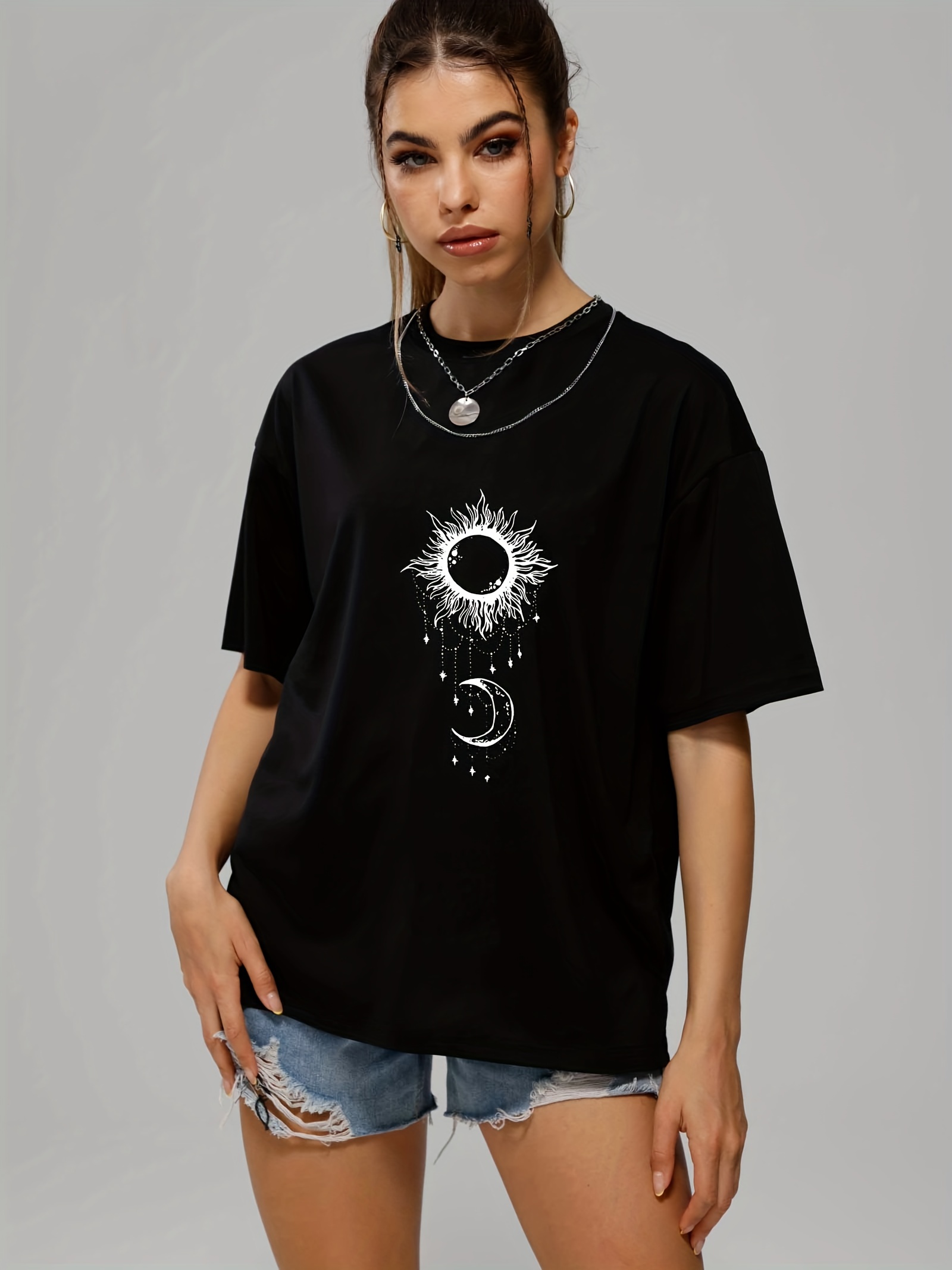 casual short sleeve slight stretch t shirts sun moon print o neck fashion sports graphic tee womens summer tops details 3