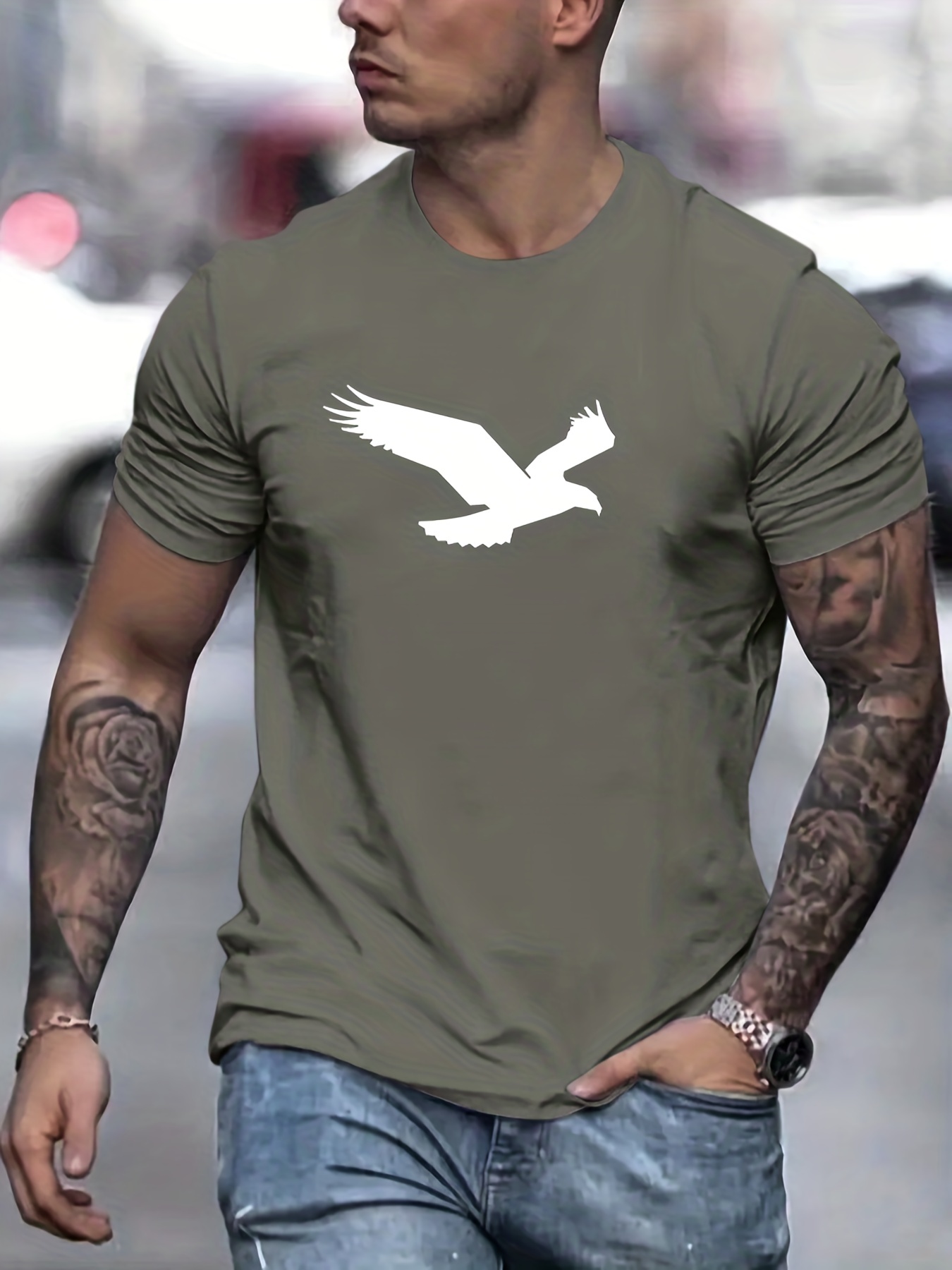 eagle pattern t shirt mens casual street style slightly stretch round neck tee shirt for summer fall details 5