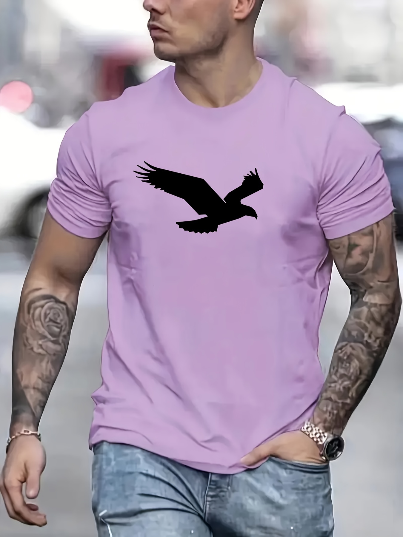 eagle pattern t shirt mens casual street style slightly stretch round neck tee shirt for summer fall details 25