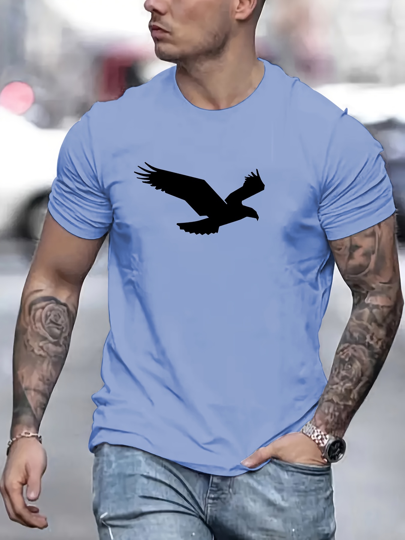 eagle pattern t shirt mens casual street style slightly stretch round neck tee shirt for summer fall details 35